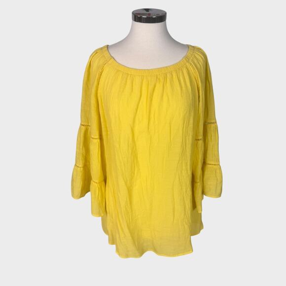 C est 1946 Large Yellow Bell 1/2 Sleeve Round Neck Guazy Top Ryaon Polyester - Picture 2 of 10